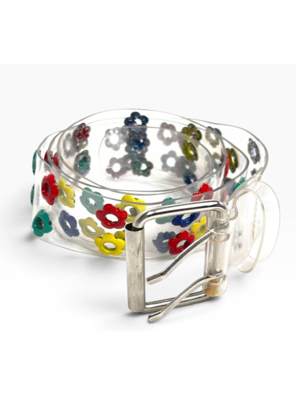 Y2K Clear Vinyl PVC Belt Multicolor Daisy Flower Power Silver Buckle Retro OS
